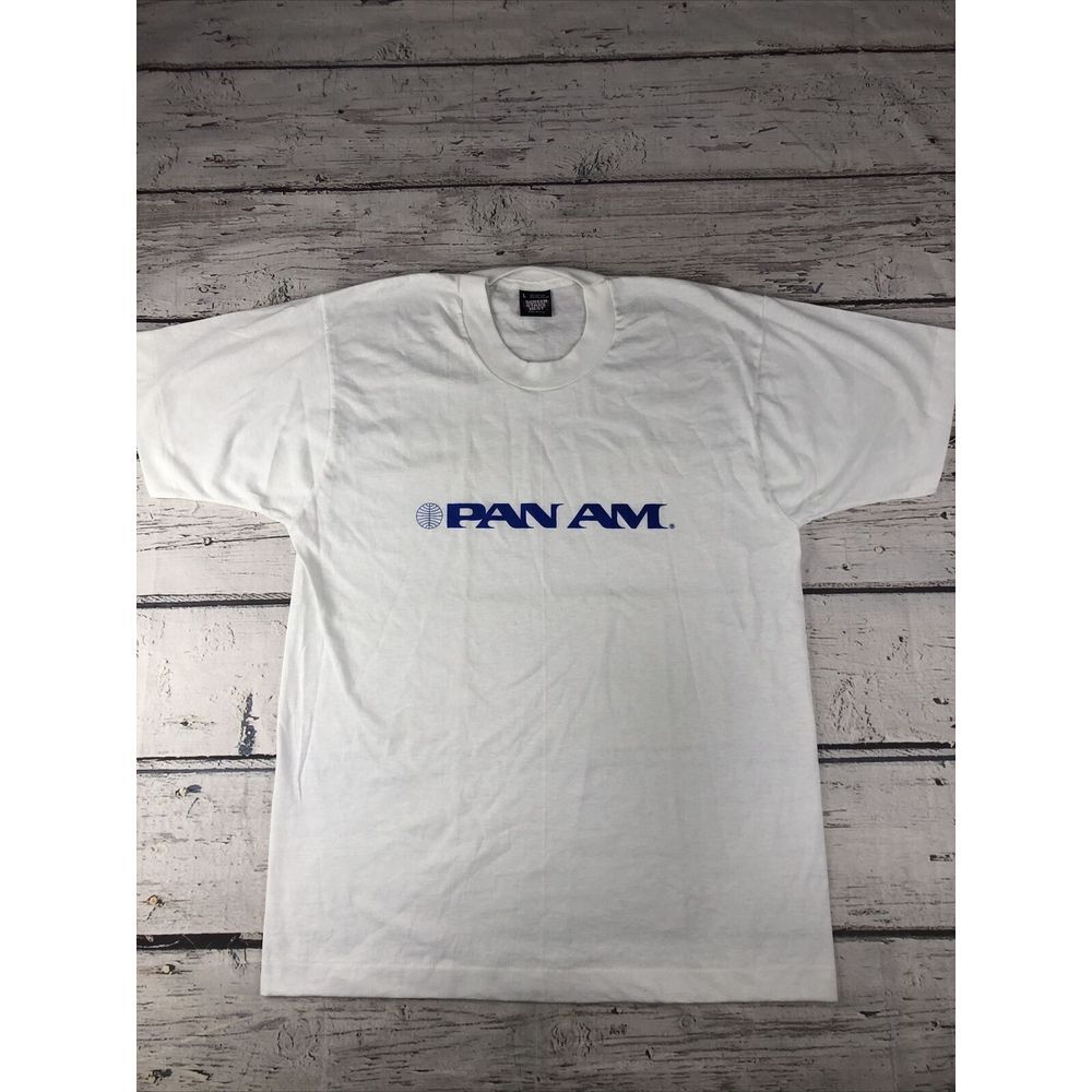 VINTAGE PAN AM AIRLINE Made in The USA 50/50 WHITE SINGLE STICH T-SHIRT SZ LARGE